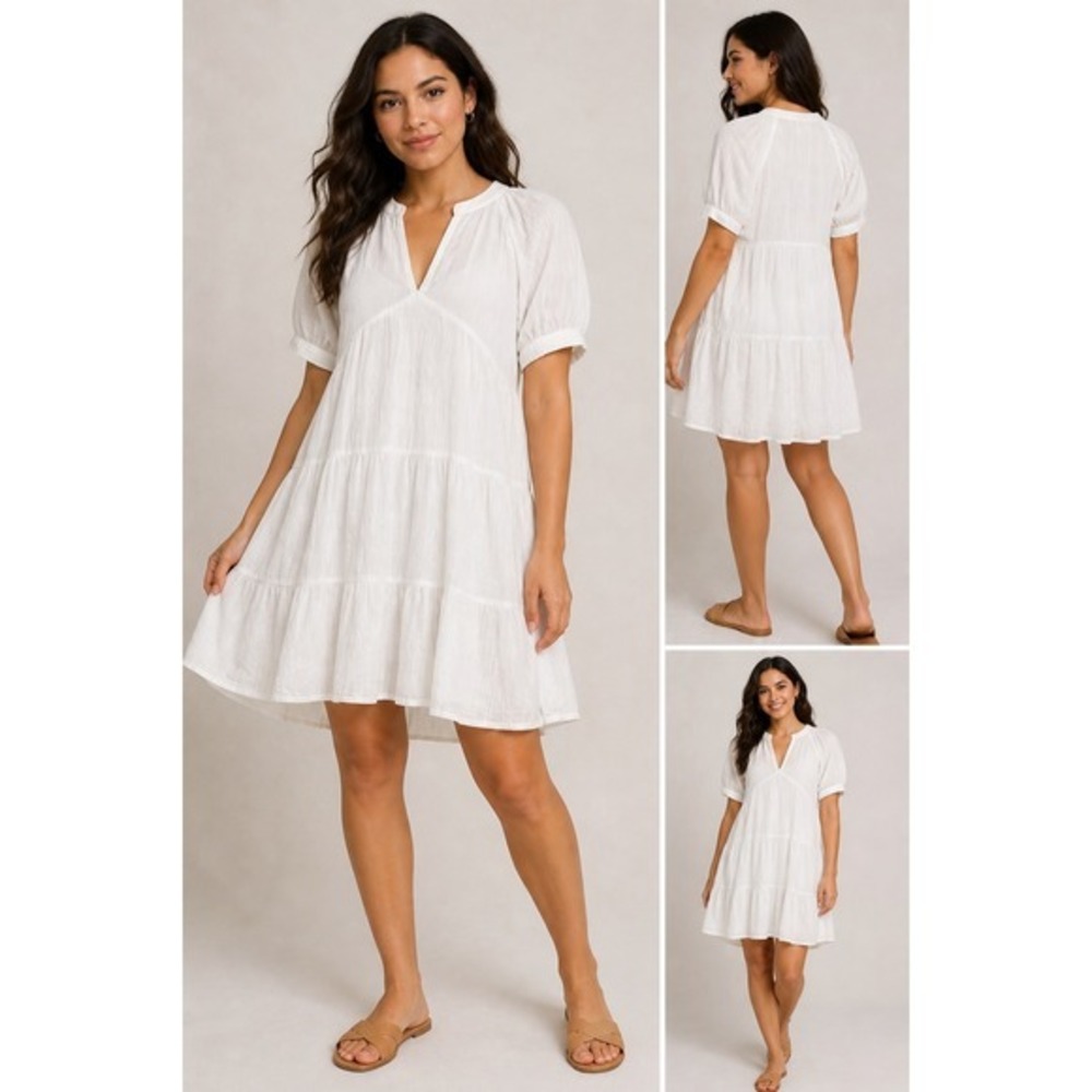 Universal Thread Womens White Tiered Babydoll Mini Dress Puff Sleeve Size M